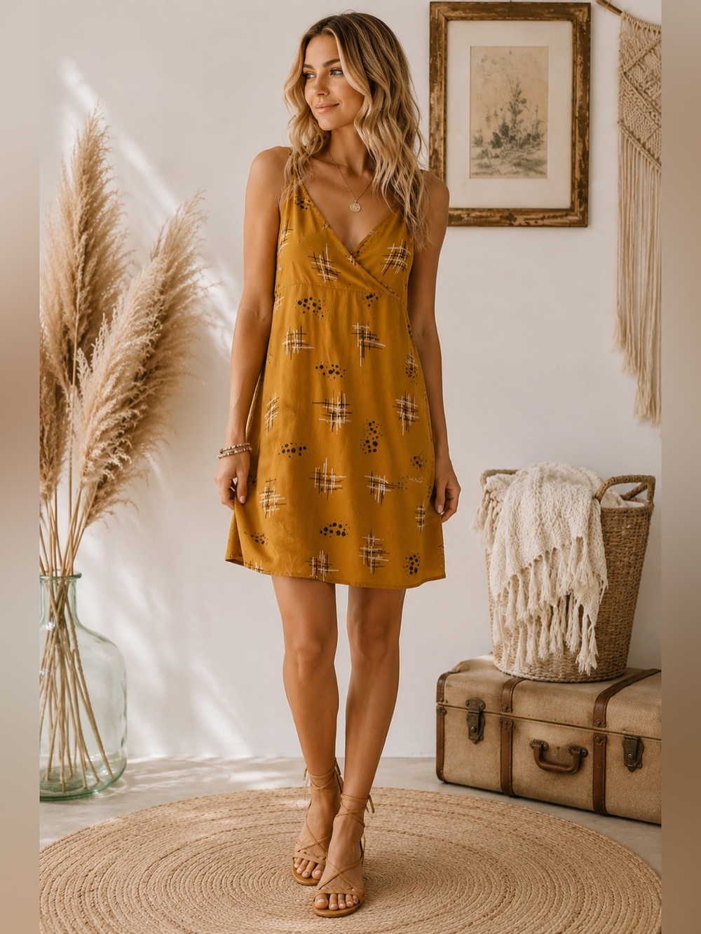 Mustard Sleeveless V-Neck Mini Dress with Subtle Print